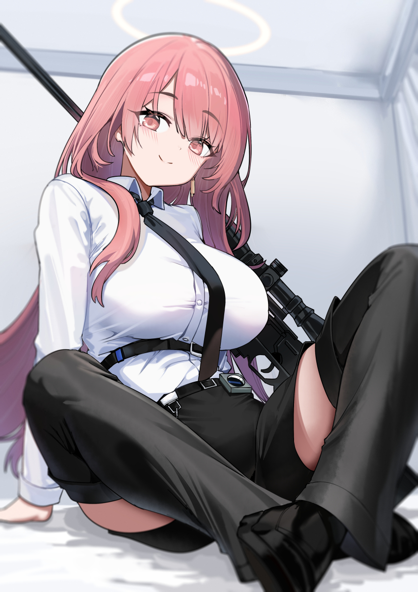 1girl, absurdres, arknights, belt, black_necktie, black_shoes, black_shorts, blush