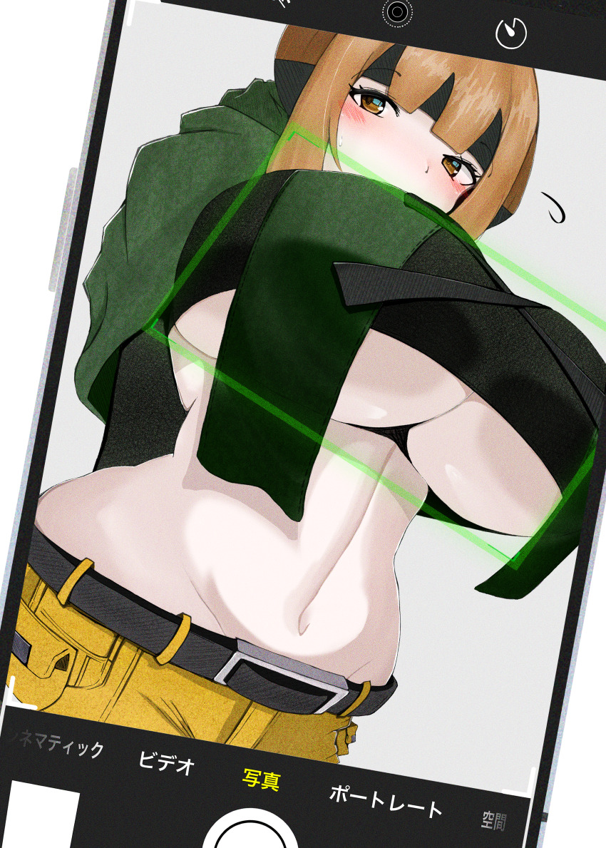 1girl, absurdres, ai_no_ribon, bandeau, belt, belt_buckle, blush, breast_focus, breasts, buckle, camera_focus, camera_phone, capelet, cargo_pants, cellphone, crop_top, gardenia_(pokemon), highres, huge_breasts, long_sleeves, looking_at_viewer, matching_hair/eyes, midriff, navel, nintendo, orange_eyes, orange_hair, pants, phone, pocket, pokemon, pokemon_diamond/pearl/platinum, smartphone, taking_picture, underboob, undershirt, white_background