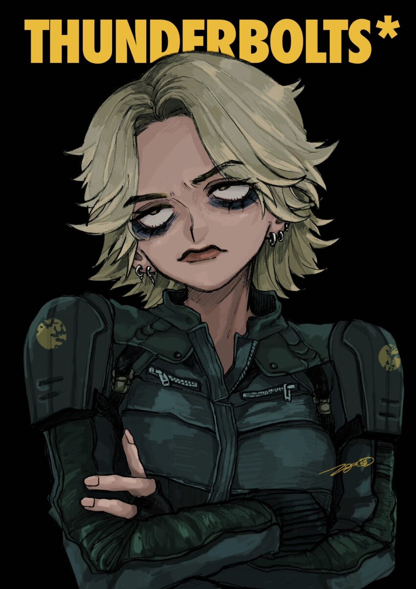 1girl, black_background, blonde_hair, breasts, closed_mouth, crossed_arms, highres, lips, looking_up, marvel, piyopiyo031015, signature, simple_background, solo, thunderbolts_(movie), yelena_belova
