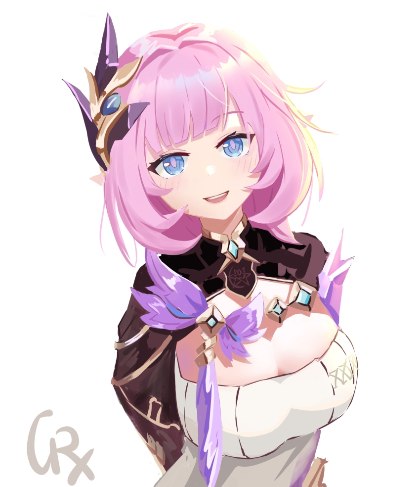 1girl, absurdres, arms_behind_back, bi_tian_li_de_xing, blue_eyes, breasts, cleavage, commentary_request