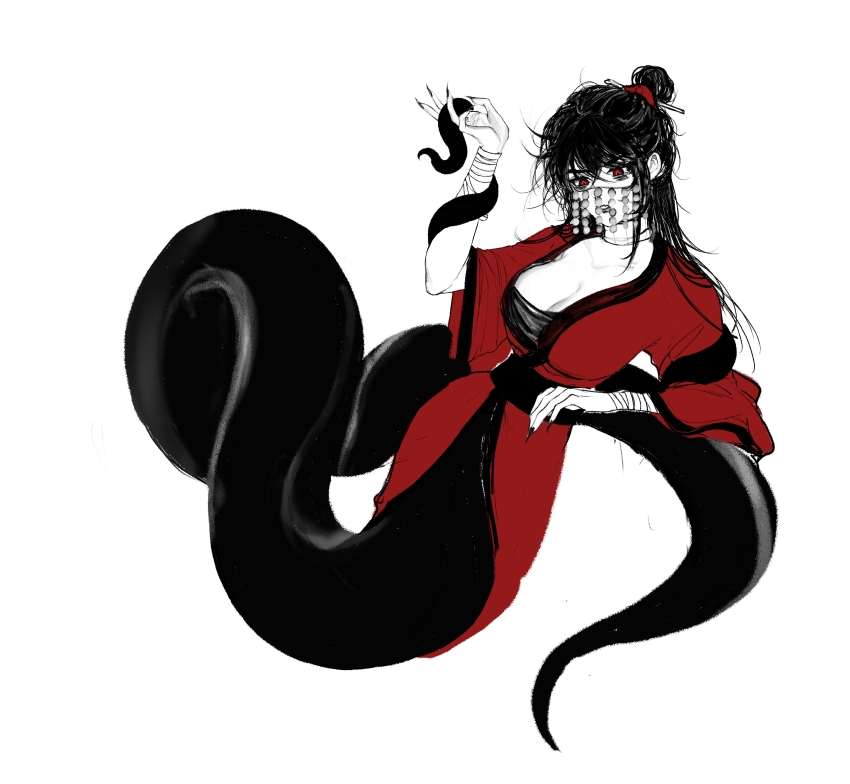 1girl, absurdres, bags_under_eyes, bandaged_arm, bandages, black_hair, black_nails, breasts, chinese_clothes, chinese_commentary, cleavage, coin_mask, collarbone, creature, dao_gui_yi_xian, fingernails, genderswap, genderswap_(mtf), hair_bun, hair_ornament, hair_stick, half_updo, hand_up, hanfu, highres, holding, holding_creature, holding_tentacle, lamia, large_breasts, li_huowang, li_sui_(tentacles), long_hair, looking_at_viewer, mask, messy_hair, monochrome, monster_girl, monsterification, mouth_veil, nail_polish, open_mouth, red_eyes, red_robe, red_scrunchie, robe, scrunchie, sharp_fingernails, simple_background, single_hair_bun, snake, solo, spot_color, string, tentacles, veil, white_background, yansi111
