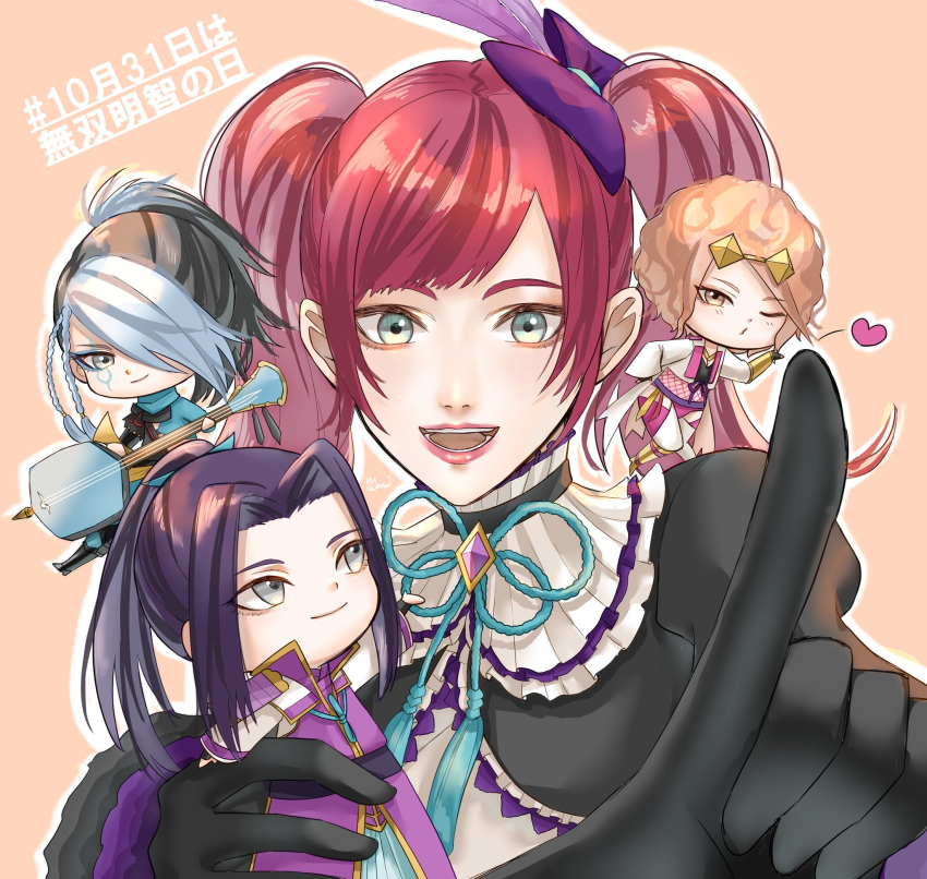 afro, akechi_mitsuhide_(sengoku_musou), armor, blowing_kiss, brown_hair, chibi, chosokabe_motochika_(sengoku_musou), collar