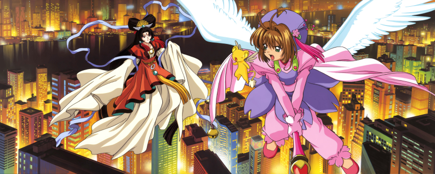 1990s_(style), 2girls, absurdres, angry, antenna_hair, black_hair, broom, broom_riding, brown_hair, cardcaptor_sakura, cityscape, creature, double_bun, dress, flying, green_eyes, hair_bun, hair_intakes, hat, hat_tassel, highres, kero_(cardcaptor_sakura), kinomoto_sakura, kinomoto_sakura_(cherry_blossom_costume), long_hair, looking_at_another, madoushi, multiple_girls, official_art, open_mouth, pants, pink_pants, pink_shirt, purple_hat, purple_skirt, red_shoes, retro_artstyle, scan, shirt, shoes, short_hair, skirt, takahashi_kumiko, tassel, white_dress, white_wings, wings