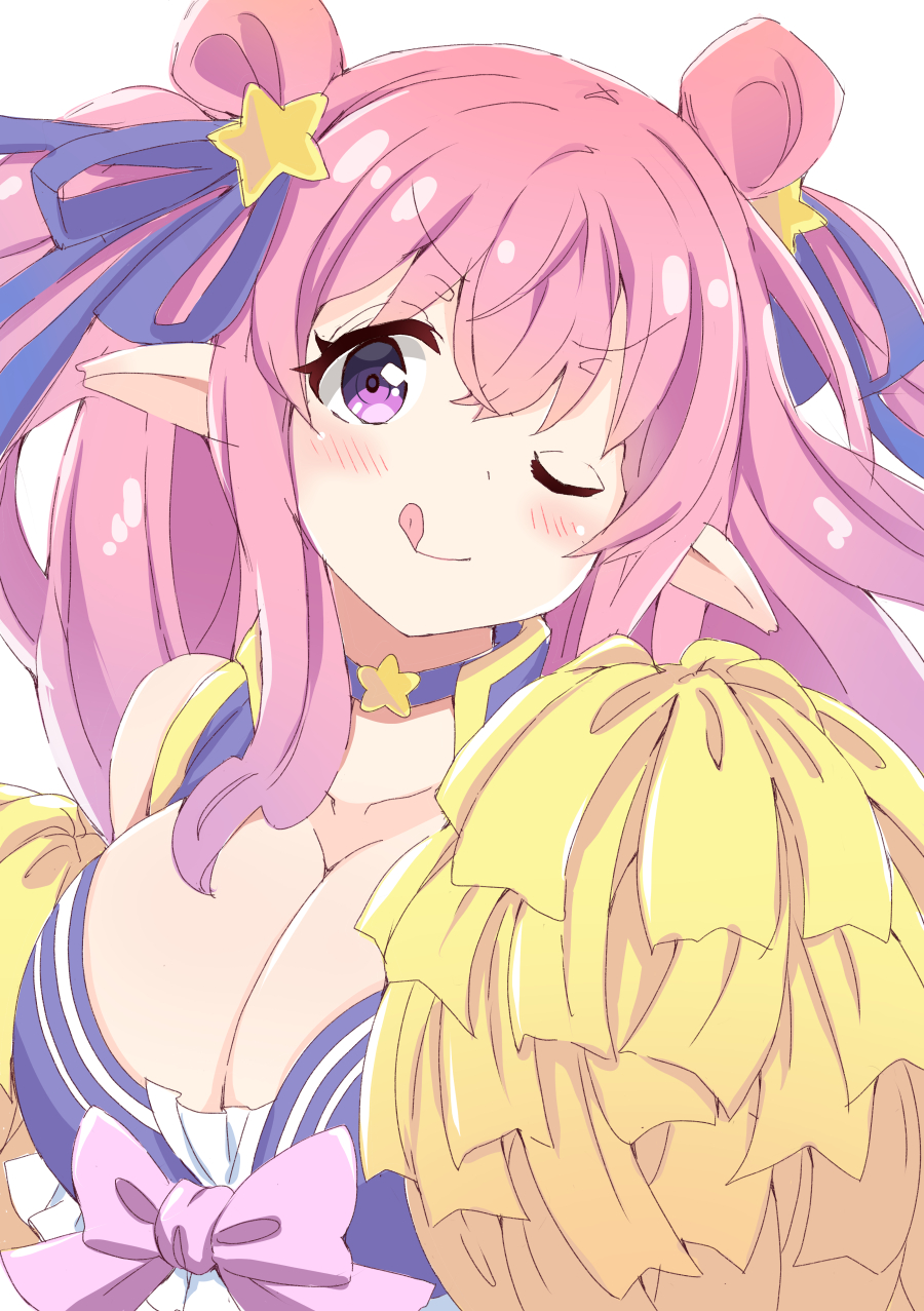 1girl, ;q, bare_shoulders, ben_awa, blush, bow, breasts, breasts_squeezed_together, choker, cleavage, crossed_bangs, double_bun, hair_bun, hair_ornament, hair_ribbon, hands_up, hatsune_(princess_connect!), hatsune_(summer)_(princess_connect!), highres, large_breasts, long_hair, looking_at_viewer, low_neckline, official_alternate_costume, one_eye_closed, pink_bow, pink_hair, pointy_ears, pom_pom_(cheerleading), princess_connect!, purple_eyes, ribbon, sidelocks, simple_background, solo, star_(symbol), star_choker, star_hair_ornament, tongue, tongue_out, upper_body, v-shaped_eyebrows, white_background, yellow_trim