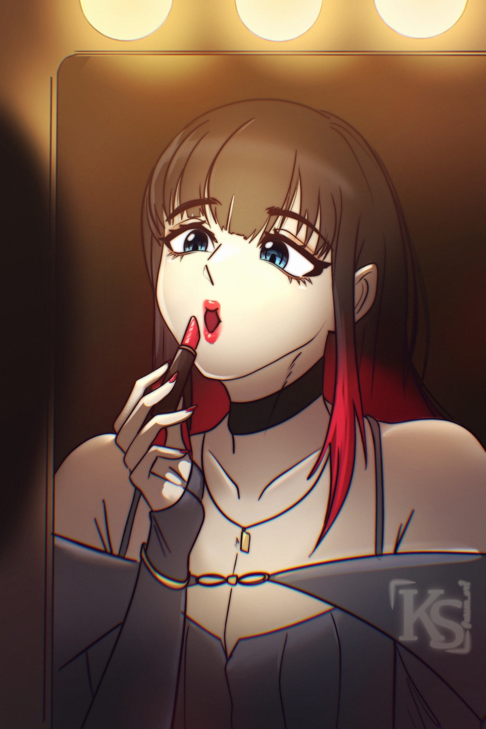 1boy, 2024, androgynous, applying_makeup, applying_own_makeup, arm_up, artist_logo, bare_shoulders, bilingual_commentary, black_choker, black_hair, blue_eyes, blunt_bangs, choker, commentary, cropped_torso, english_commentary, highres, indoors, jewelry, kasan_art, lipstick, logo, long_hair, long_sleeves, looking_down, makeup, male_focus, mirror, mixed-language_commentary, multicolored_hair, necklace, off_shoulder, red_hair, red_lips, red_nails, relfection, solo, spaghetti_strap, straight_hair, streaked_hair, three-quarter_sleeves, trap, tsubakino_tasuku, upper_body, wind_breaker_(nii_satoru)