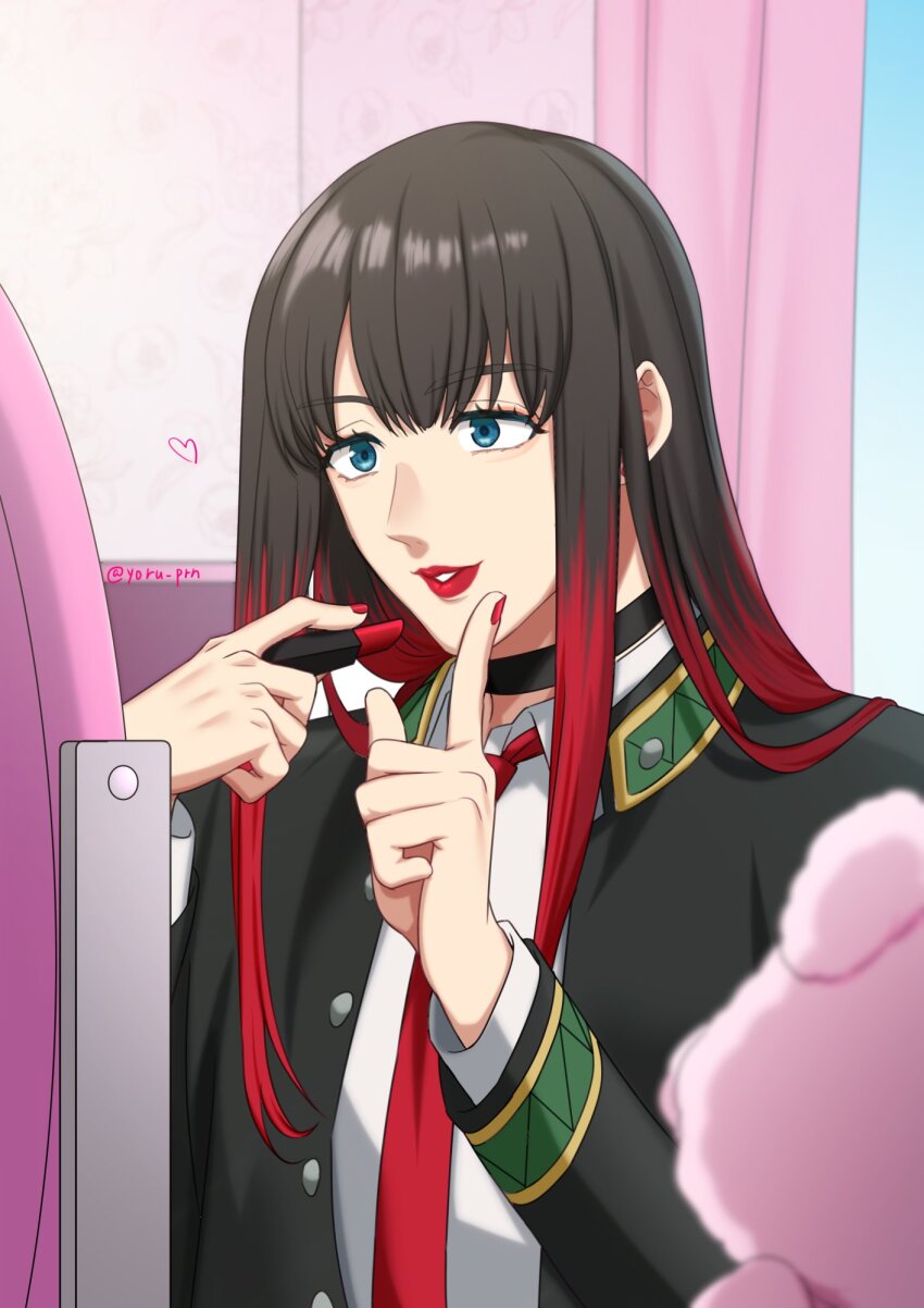 1boy, 2024, androgynous, applying_makeup, applying_own_makeup, black_choker, black_hair, blue_eyes