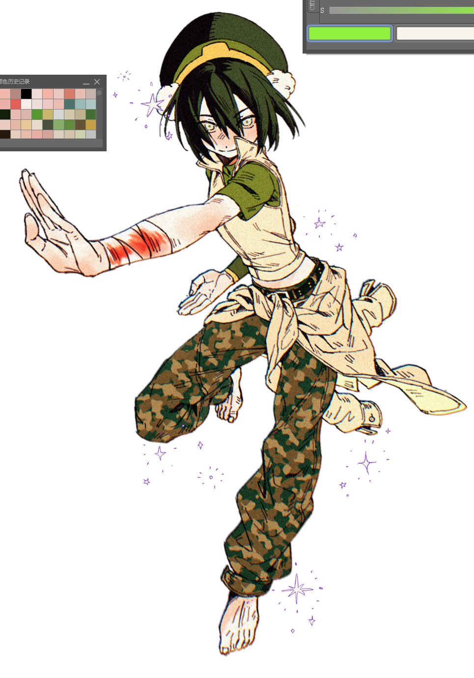 1girl, alternate_costume, avatar:_the_last_airbender, avatar_legends, bandages, barefoot, black_hair, blind, blood, bloody_bandages, camouflage, camouflage_pants, coat_around_waist, color_guide, green_hairband, green_shirt, grey_eyes, gymnopedies2, hair_between_eyes, hair_bun, hairband, highres, looking_at_viewer, pants, shirt, short_hair, single_hair_bun, smile, solo, sparkle, toph_beifong, vest, wristband