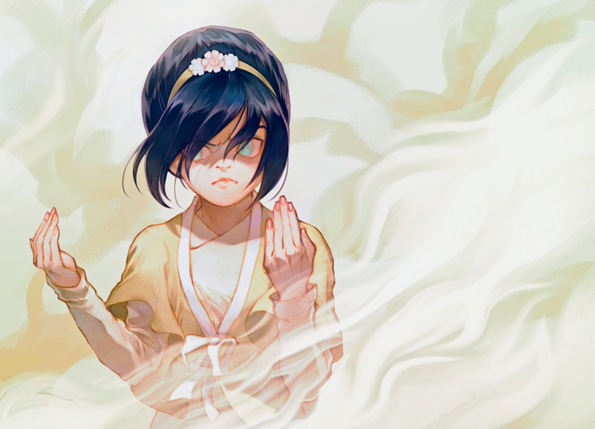 1girl, avatar:_the_last_airbender, avatar_legends, black_hair, blind, blue_eyes, botanicaxu, bow, chinese_clothes, closed_mouth, fingernails, fog, hair_between_eyes, hair_bun, hair_flower_band, hairband, hands_up, highres, long_sleeves, simple_background, single_hair_bun, solo, steam, toph_beifong, upper_body
