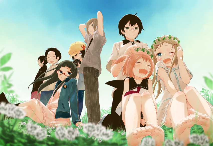 4boys, 4girls, barefoot, black_hair, blonde_hair, blue_eyes, blush, brown_hair