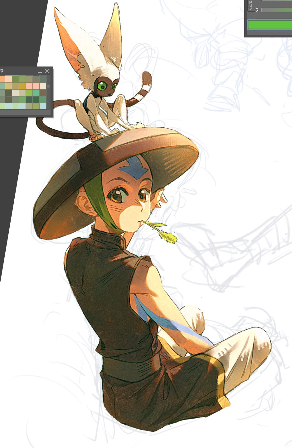 1boy, 1other, aang, alternate_costume, animal, arrow_(symbol), arrow_tattoo, avatar:_the_last_airbender