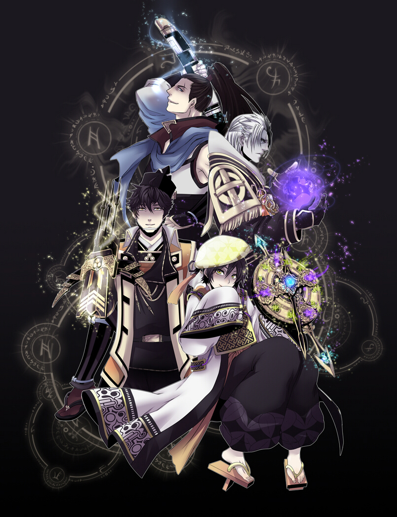 armor, arrow_(projectile), artist_request, beret, black_hair, brown_eyes, coat, hat, high_collar, japanese_clothes, kimono, kuroda_kanbei_(sengoku_musou), long_sleeves, mori_motonari_(sengoku_musou), orb, sandals, scarf, sengoku_musou, sword, takenaka_hanbei_(sengoku_musou), weapon, yagyu_munenori_(sengoku_musou), yellow_eyes