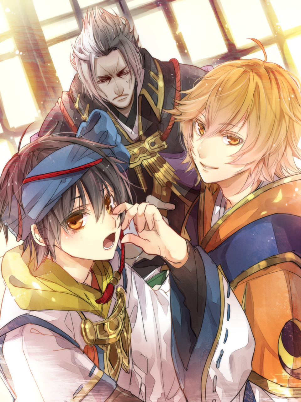 black_hair, blonde_hair, brown_eyes, hair_between_eyes, headband, high_collar, highres, japanese_clothes