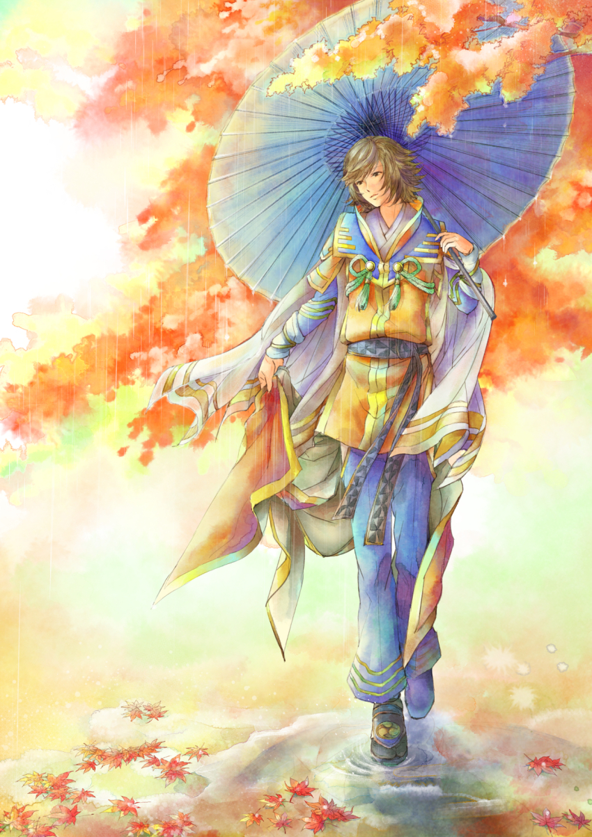 blonde_hair, branch, brown_eyes, hakama, highres, japanese_clothes, kimono, kobayakawa_takakage_(sengoku_musou)