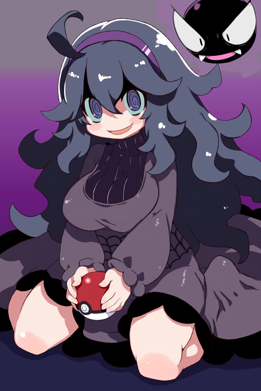 1girl, @_@, ahoge, alternate_breast_size_(larger), black_hair, breasts, dress, gastly