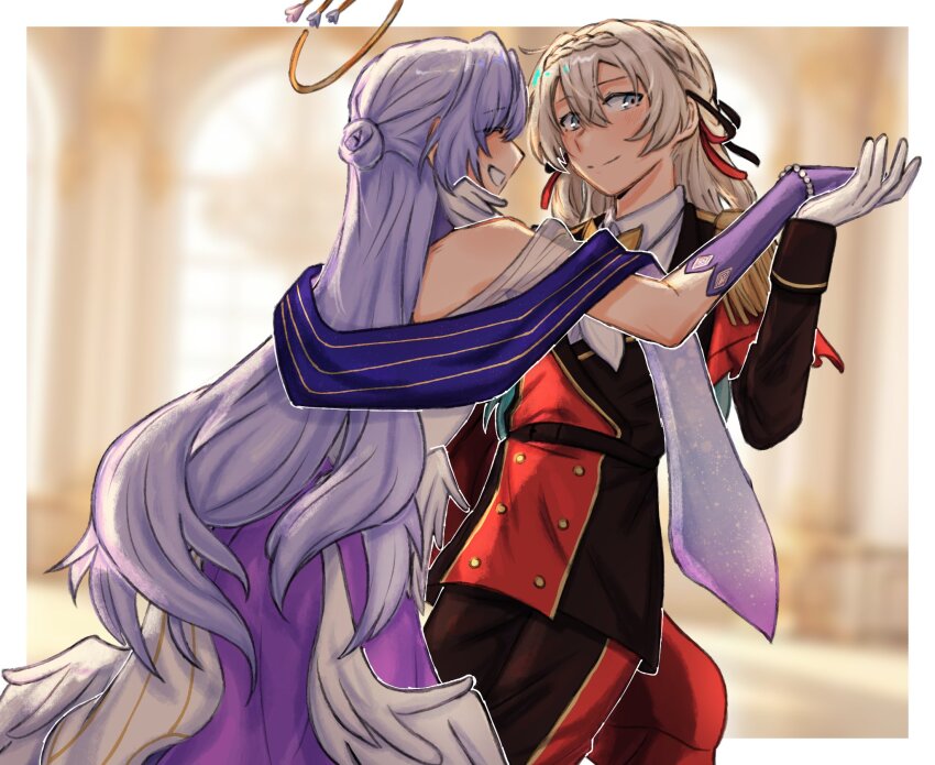 2girls, akai_(atcually), back, bare_shoulders, belt, black_belt, black_jacket, black_pants