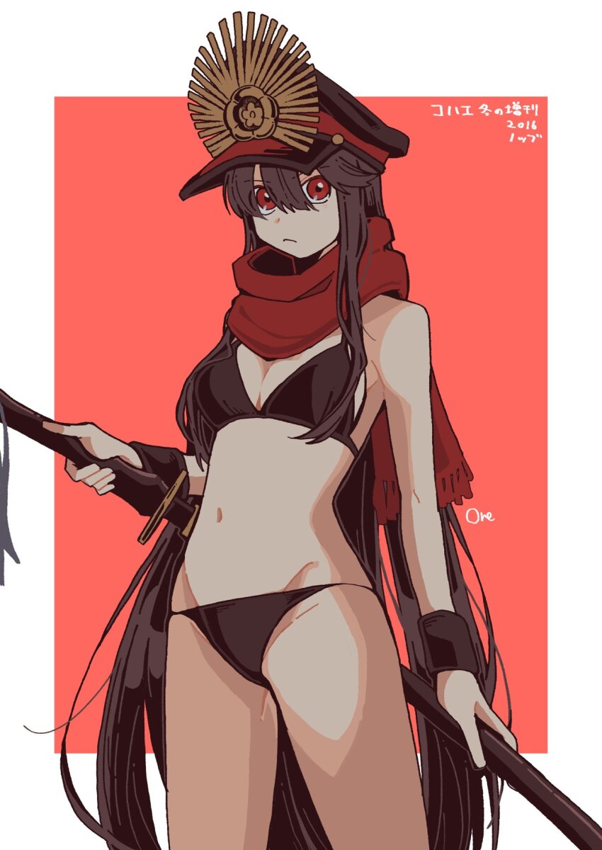 1girl, armband, artist_name, bikini, black_bikini, black_hair, breasts, crest, dated, family_crest, fate/grand_order, fate_(series), goma1021, hair_between_eyes, hat, highres, holding, holding_sword, holding_weapon, long_hair, oda_nobunaga_(fate), oda_uri, peaked_cap, red_background, red_eyes, red_scarf, scabbard, scar, scarf, sheath, sheathed, solo, swimsuit, sword, two-tone_background, very_long_hair, weapon, white_background