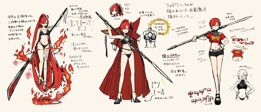 1girl, alternate_hair_length, alternate_hairstyle, bikini, black_bikini, black_shorts, breasts, buster_shirt, cape, chain, cleavage, collared_cape, doodle_inset, earrings, fate/grand_order, fate_(series), fire, goma1021, hair_ornament, hair_over_one_eye, high_heels, highres, holding, holding_polearm, holding_weapon, jewelry, large_breasts, long_hair, multiple_views, naginata, oda_nobunaga_(fate), oda_nobunaga_(maou_avenger)_(fate), polearm, ponytail, popped_collar, red_cape, red_eyes, red_hair, sandals, short_hair, shorts, smile, solo, spear, swimsuit, tattoo, very_long_hair, weapon