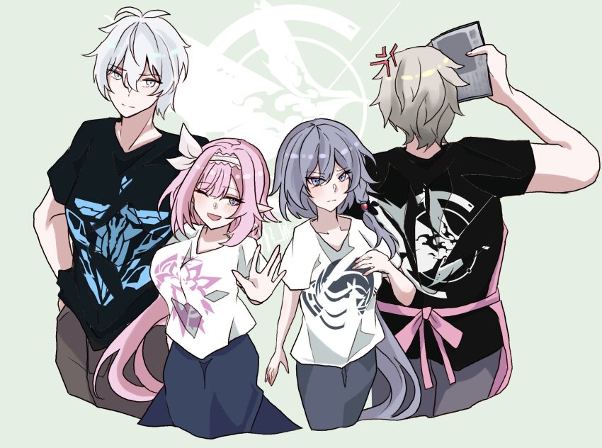 2boys, 2girls, ;o, anger_vein, black_shirt, blue_eyes, blue_skirt, breasts