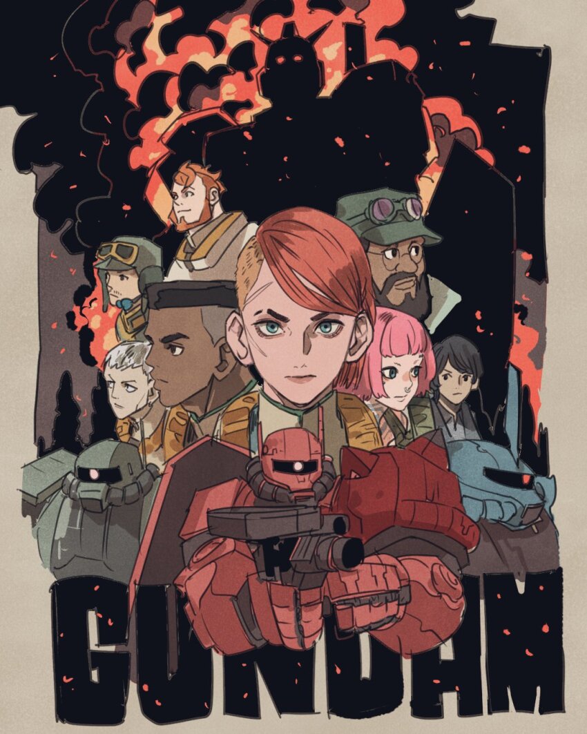 6+boys, alfee_zydos, ander_heaton, beard, black_hair, blue_eyes, blunt_bangs, character_request, commentary_request, copyright_name, dark-skinned_male, dark_skin, facial_hair, fire, glasses, green_hat, gundam, gundam_ex, gundam_requiem_for_vengeance, hailey_arhun, hat, highres, iria_solari, kale_zavaleta, kneeland_lesean, looking_at_viewer, multiple_boys, ony_kasuga, orange_hair, pink_hair, reid_ghelfi, scar, scar_on_face, smoke, takeuchi_ryousuke, upper_body, white_hair, zaku_ii_f-type