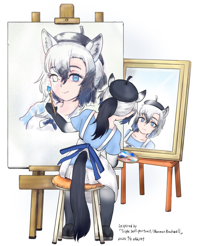 1girl, apron, back_bow, beret, black_hair, black_hat, blue_bow, blue_eyes