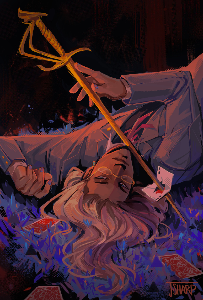 1boy, 2022, abstract_background, absurdres, ace_(playing_card), ace_attorney, apollo_justice:_ace_attorney, blonde_hair