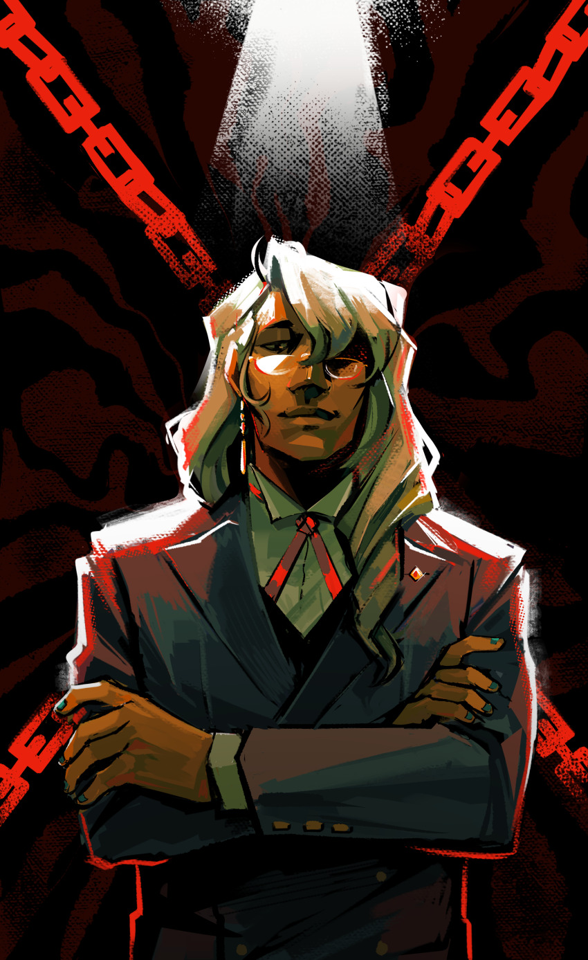 1boy, absurdres, ace_attorney, apollo_justice:_ace_attorney, badge, chain, collared_shirt, dark-skinned_male