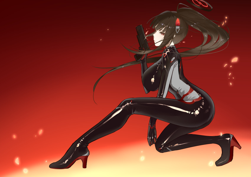 1girl, black_bodysuit, black_hair, black_halo, blue_archive, bodysuit, breasts, closed_mouth, commentary_request, gun, halo, high_heels, highres, holding, holding_gun, holding_weapon, impossible_bodysuit, impossible_clothes, large_breasts, latex, latex_bodysuit, long_hair, majorinring, official_alternate_costume, official_alternate_hairstyle, on_one_knee, ponytail, red_eyes, rio_(blue_archive), rio_(armed)_(blue_archive), skin_tight, solo, weapon
