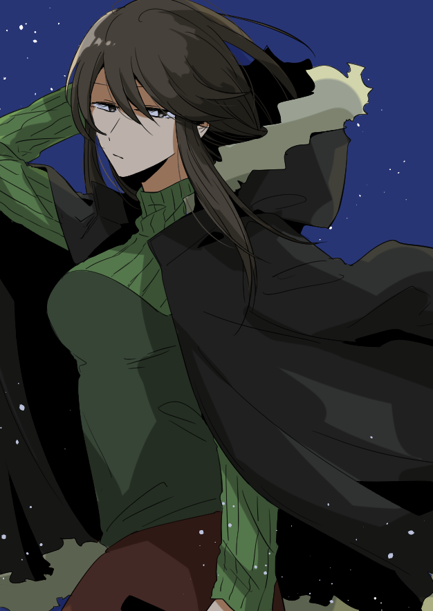 1girl, black_hair, blue_background, breasts, brown_eyes, brown_hair, commentary_request, durarara!!, from_side, fur_trim, green_sweater, hood, jacket, kzs_2222_ai, long_hair, looking_at_viewer, looking_to_the_side, partial_commentary, ribbed_sweater, skirt, solo, sweater, turtleneck, turtleneck_sweater, upper_body, yagiri_namie