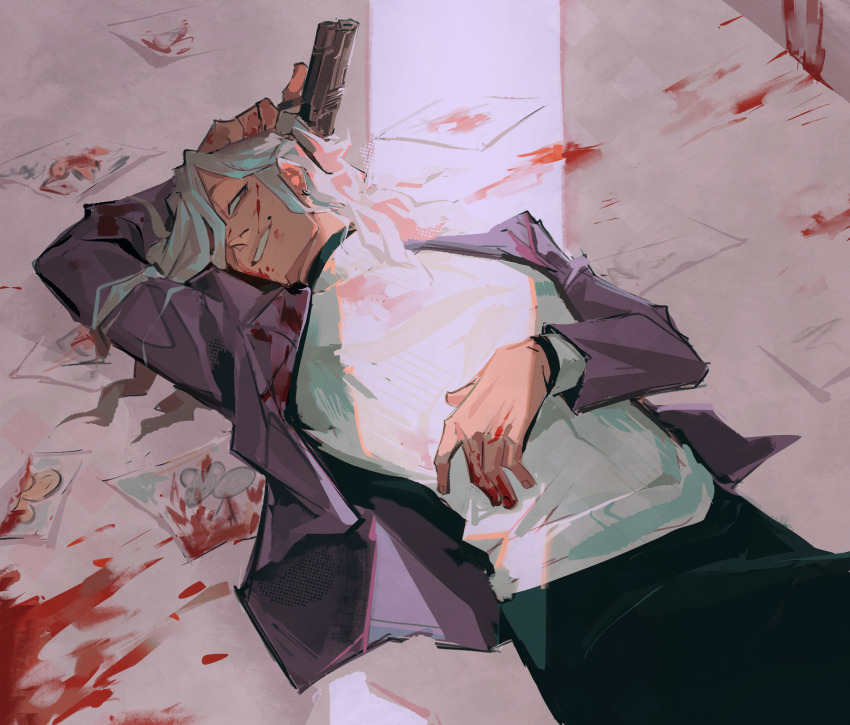 ai_the_somnium_files, arm_behind_head, black_pants, blood, blood_splatter, brown_eyes, child's_drawing, collar