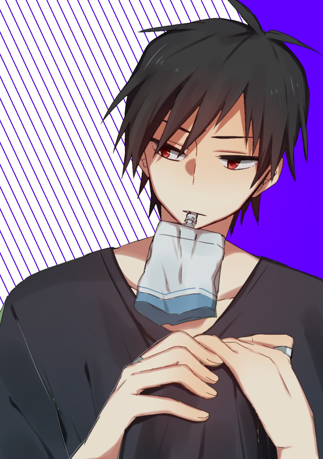 0819_chii, 1boy, black_hair, black_shirt, carton, commentary_request, durarara!!, hands_on_own_knee