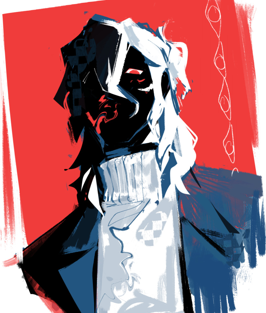 1boy, abstract, abstract_background, ai_the_somnium_files, blood, blood_on_face, blue_jacket, facing_viewer, hair_between_eyes, highres, jacket, long_hair_between_eyes, male_focus, medium_hair, painterly, ponytail, red_background, red_eyes, sejima_saito, shaded_face, short_ponytail, sinlizards, solo, spoilers, sweater, turtleneck, turtleneck_sweater, upper_body, white_hair, white_sweater