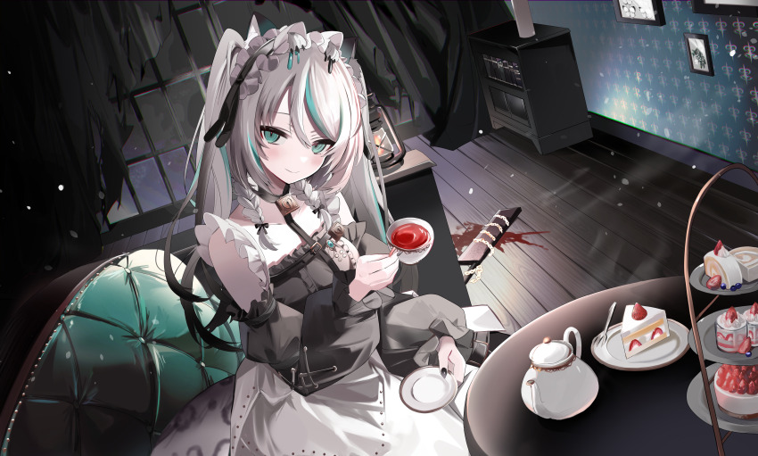 1girl, absurdres, aqua_eyes, aqua_hair, armchair, black_hair, black_nails, black_shirt