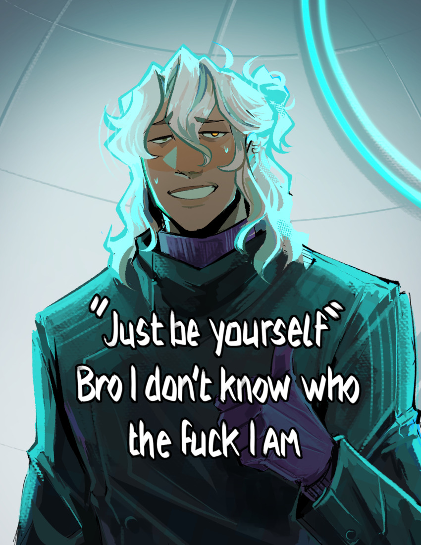 ai_the_somnium_files, black_coat, braid, braided_ponytail, coat, collared_coat, dark-skinned_male, dark_skin, date_kaname, earrings, gloves, heterochromia, highres, jewelry, medium_hair, meme, nervous_sweating, ponytail, purple_gloves, short_ponytail, sinlizards, sweat, upper_body, white_hair