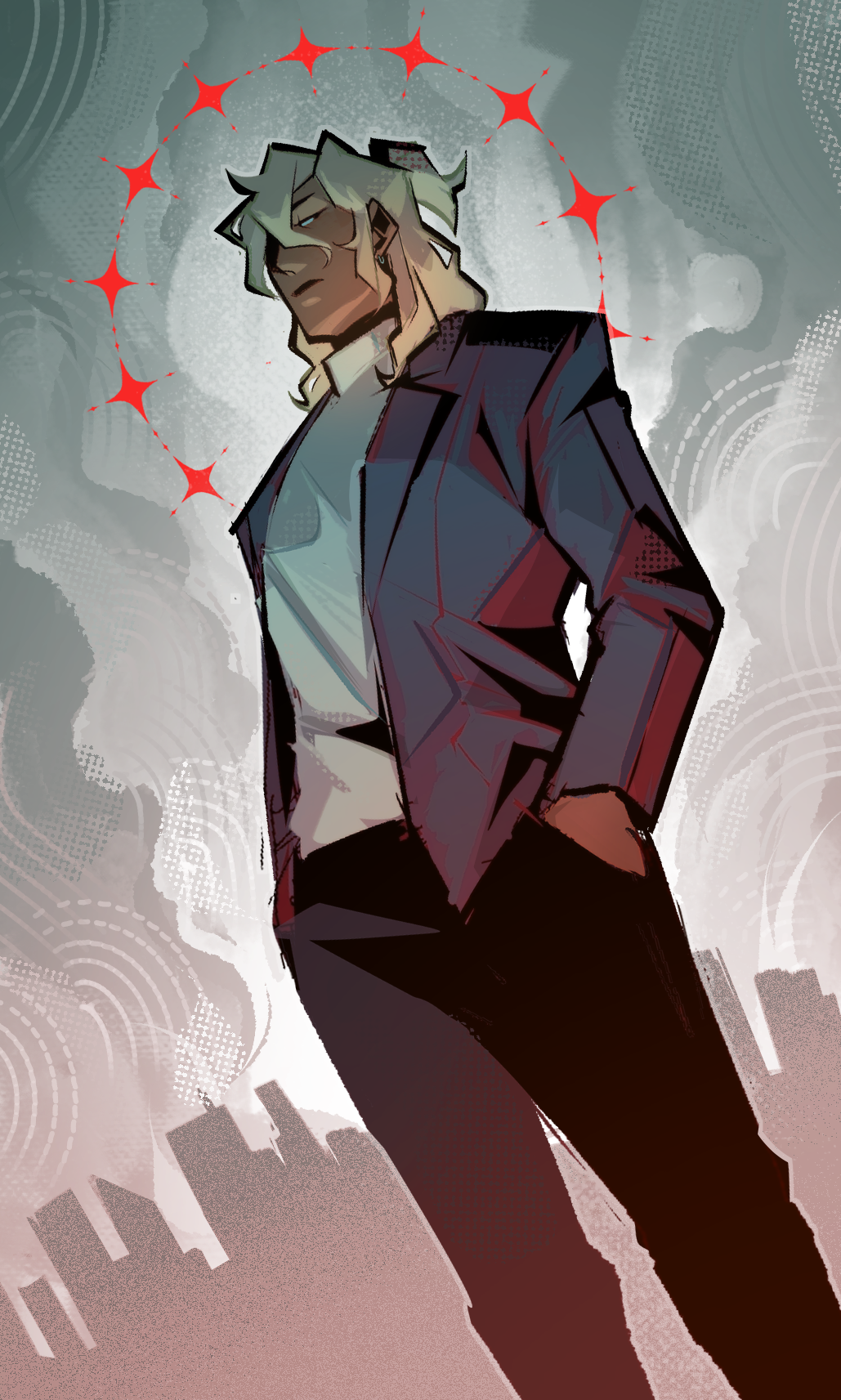 1boy, abstract_background, ai_the_somnium_files, black_pants, blonde_hair, blue_jacket, cityscape, cowboy_shot, dark-skinned_male, dark_skin, expressionless, hair_between_eyes, halo, highres, jacket, male_focus, medium_hair, open_clothes, open_jacket, pants, ponytail, red_halo, sejima_saito, short_ponytail, sinlizards, solo, spoilers, sweater, turtleneck, turtleneck_sweater, underlighting, white_sweater