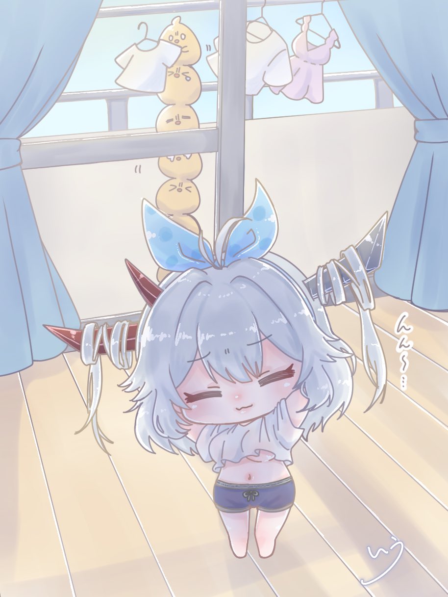 1girl, asymmetrical_horns, azur_lane, balcony, black_horns, breasts, chibi, chibi_only