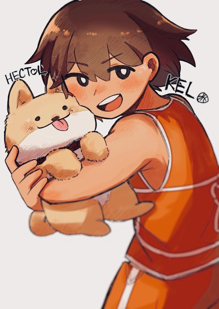 1boy, alternate_eye_color, animal, black_eyes, blush, bright_pupils, brown_hair, character_name