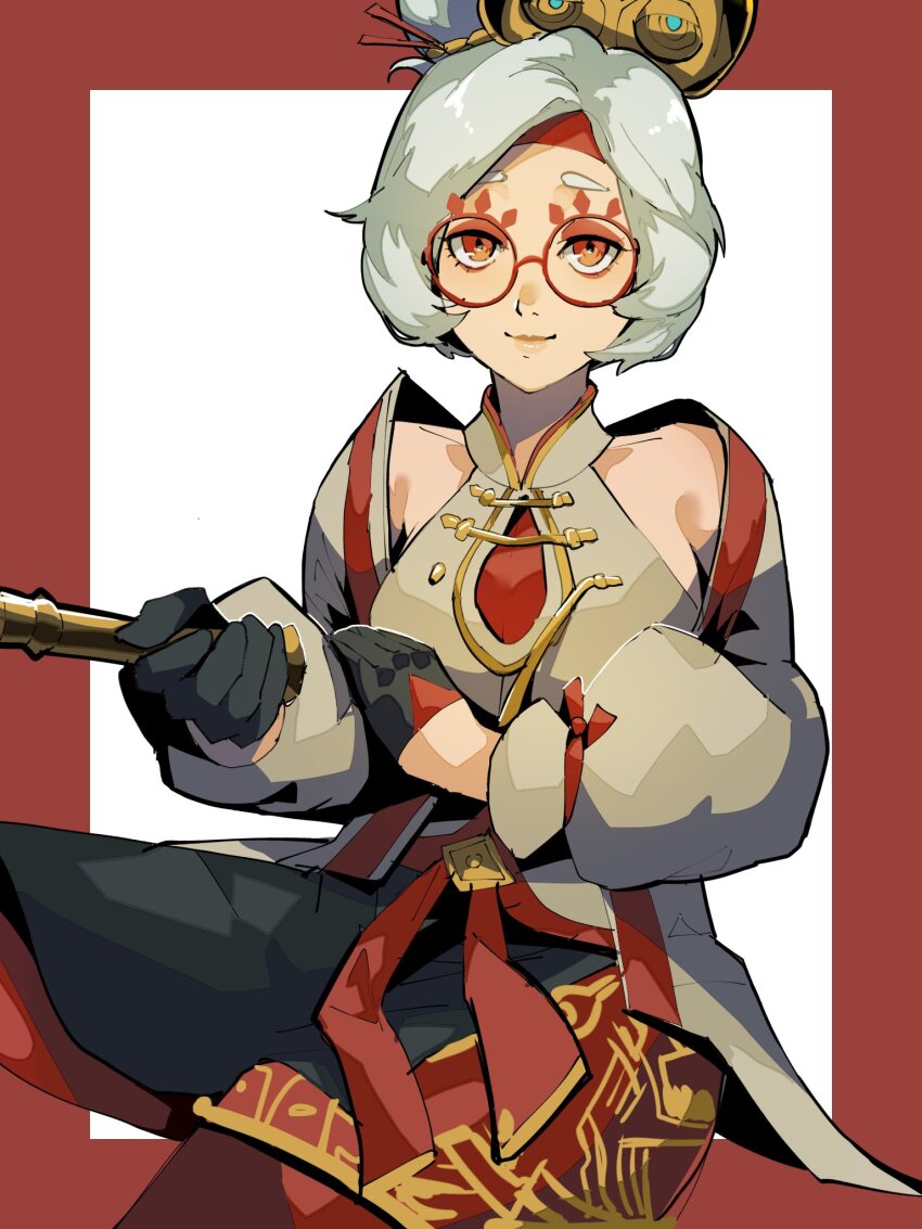 1girl, 4me3ba_niku, black_gloves, border, breasts, closed_mouth, commentary, cowboy_shot