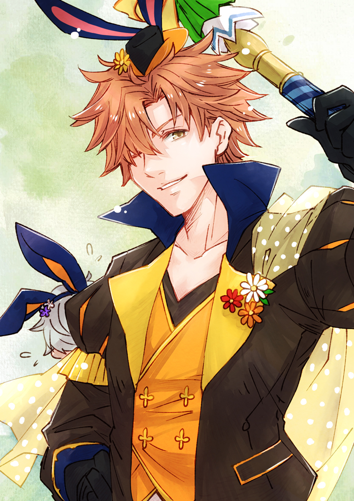 2boys, animal_ears, animal_hat, ashe_ubert, ashe_ubert_(spring), black_gloves, black_hat, collarbone, ebi_puri_(ebi-ebi), fire_emblem, fire_emblem:_three_houses, fire_emblem_heroes, flower, flying_sweatdrops, gloves, grey_hair, hat, high_collar, lapels, long_sleeves, male_focus, mini_hat, mini_top_hat, multiple_boys, nintendo, official_alternate_costume, one_eye_closed, orange_hair, rabbit_ears, rabbit_hat, short_hair, smile, solo_focus, sylvain_jose_gautier, sylvain_jose_gautier_(spring), teeth, top_hat, yellow_eyes