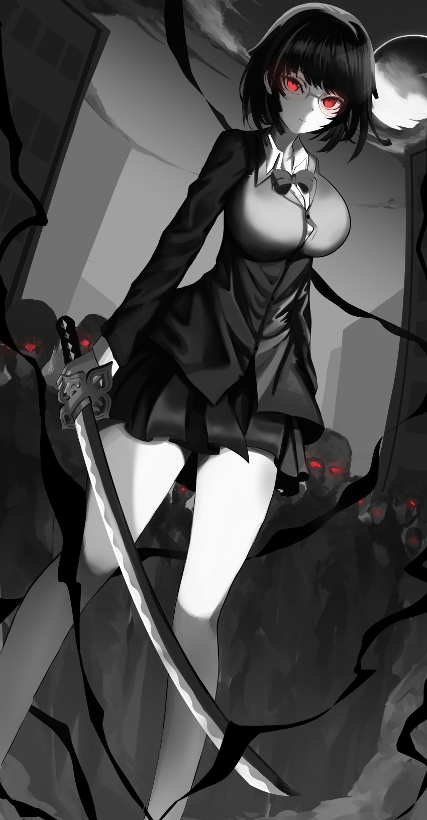 1girl, absurdres, black_hair, bob_cut, bow, bowtie, breasts, building