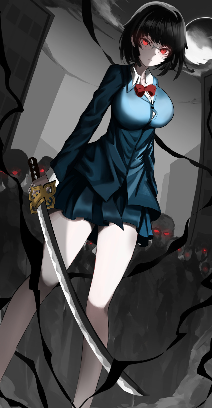1girl, absurdres, black_hair, blue_jacket, blue_skirt, bob_cut, bow, bowtie, breasts, building, commentary, cowboy_shot, crowd, durarara!!, full_moon, glasses, glowing, glowing_eyes, highres, holding, holding_sword, holding_weapon, jacket, katana, large_breasts, long_sleeves, looking_at_viewer, moon, night, outdoors, pleated_skirt, raira_academy_school_uniform, red_bow, red_bowtie, red_eyes, school_uniform, shirt, short_hair, skirt, skyscraper, solo, solo_focus, sonohara_anri, stamp_0079, standing, sword, thighs, weapon