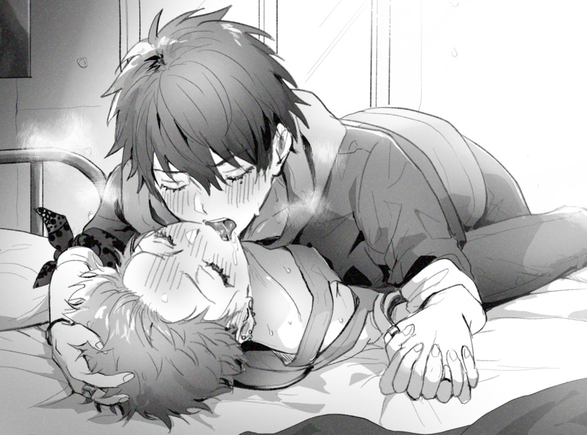 2boys, bandana_around_arm, bed, bed_sheet, bedroom, belly-to-belly, between_legs, blanket, blush, bracelet, breath, closed_eyes, collarbone, cropped_jacket, denim, ear_piercing, earrings, fingernails, french_kiss, full-face_blush, furrowed_brow, greyscale, hair_between_eyes, hair_slicked_back, hand_on_another's_head, harai_kuko, headboard, heavy_breathing, holding_hands, hood, hoodie, hypnosis_mic, interlocked_fingers, jacket_over_hoodie, jeans, jewelry, kiss, lying, lying_on_person, male_focus, mole, mole_under_eye, monochrome, multiple_boys, multiple_earrings, multiple_rings, nbnekochan, off_shoulder, on_back, on_bed, pants, piercing, pillow, pinned, poster_(object), ring, saliva, short_hair, sleeves_rolled_up, spread_legs, stud_earrings, tank_top, thumb_ring, tongue, tongue_out, window, yamada_ichiro, yaoi
