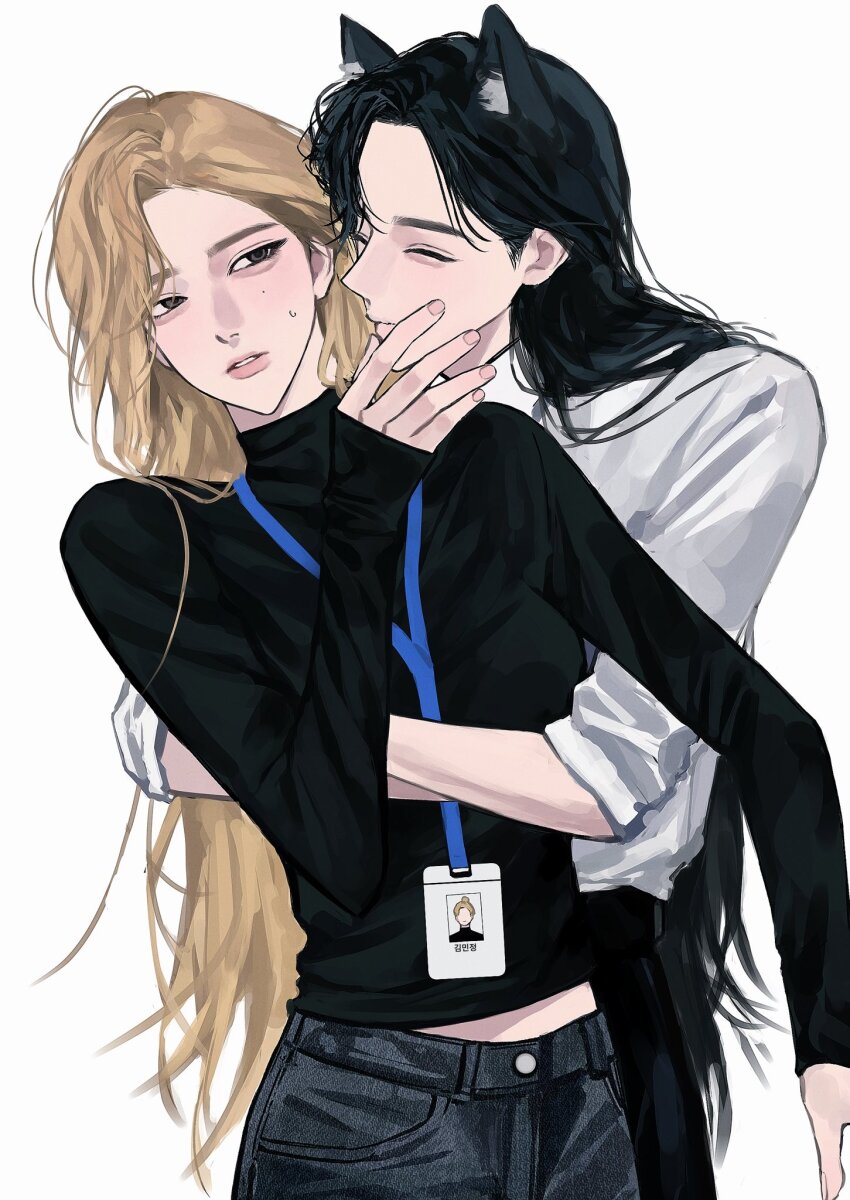 2girls, aespa, animal_ears, black_hair, black_shirt, blonde_hair, blush, cat_ears