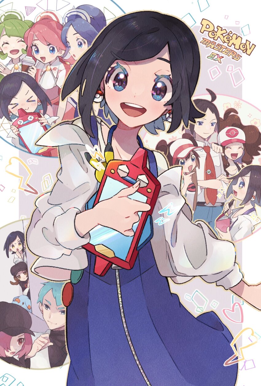 >_<, 6+girls, ahoge, archer_(pokemon), baseball_cap, black_hair, blue_hair, brown_hair