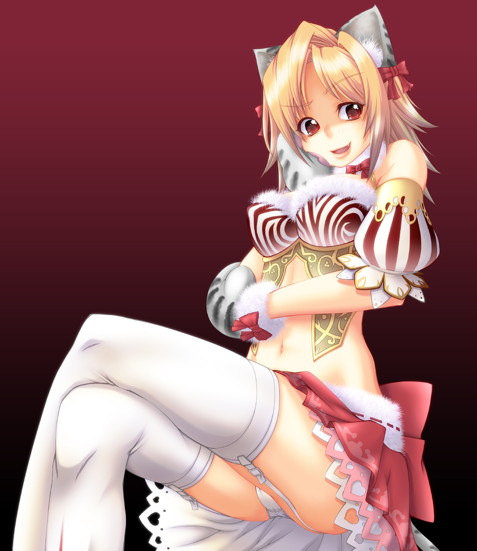 1girl, animal_ears, bare_shoulders, blonde_hair, bustier, crossed_legs, fang, fantasy_earth_zero