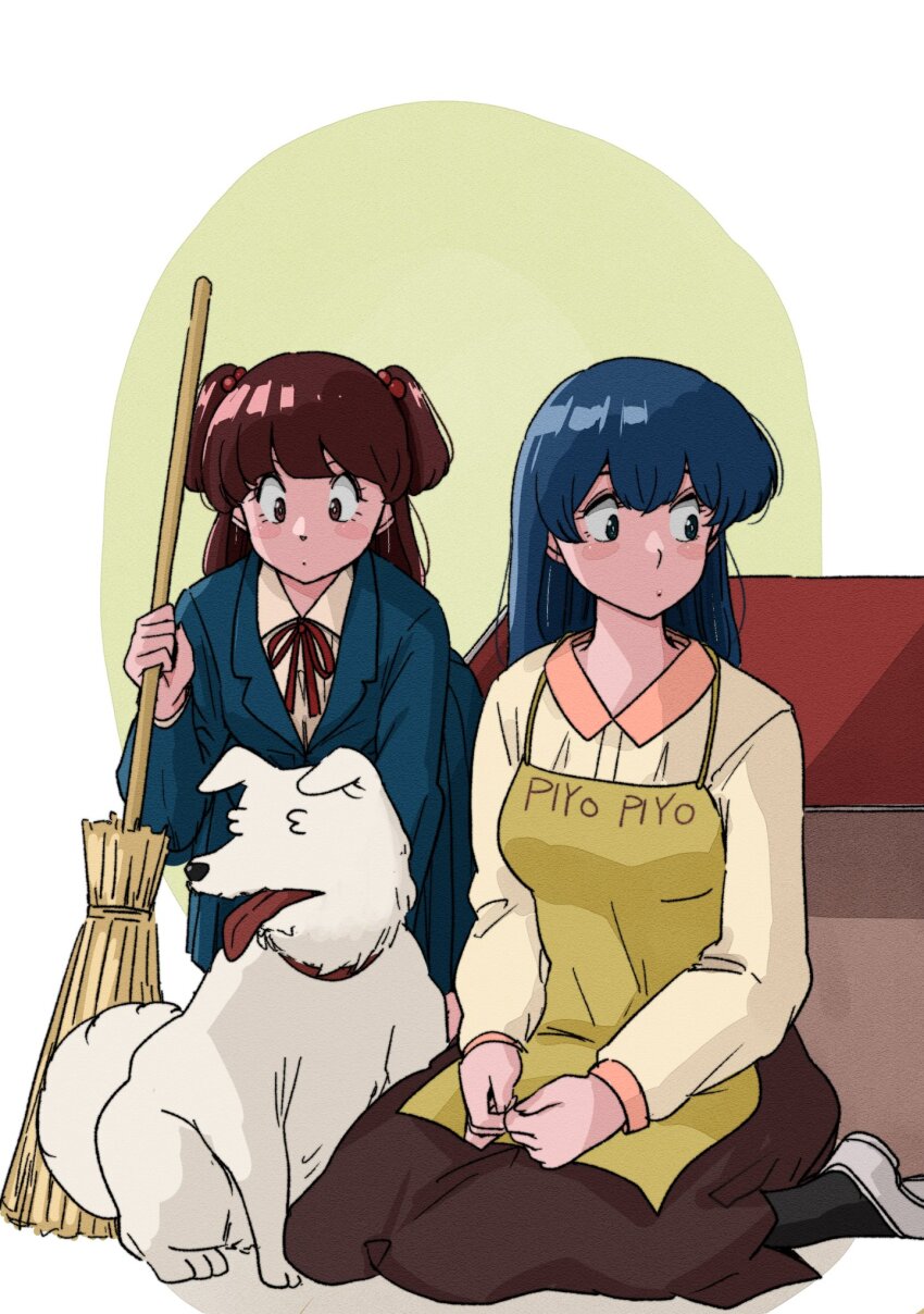 2girls, apron, blue_eyes, blue_hair, broom, brown_eyes, brown_hair, chick_print