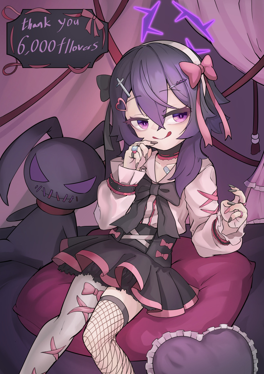 1girl, absurdres, alternate_costume, asymmetrical_legwear, black_nails, black_skirt, blue_archive, bow, commentary_request, fishnet_thighhighs, fishnets, hair_ornament, halo, haruka_(blue_archive), highres, korean_commentary, mismatched_legwear, mixed-language_commentary, mmm5162, nail_polish, parted_lips, purple_eyes, purple_hair, purple_halo, shirt, skirt, solo, stuffed_toy, thighhighs, tongue, tongue_out, white_shirt