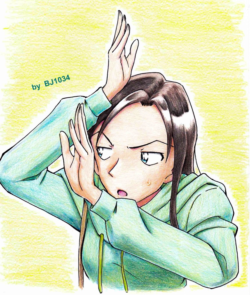 1girl, artist_name, bj1034_(tosashi), brown_hair, colored_pencil_(medium), derivative_work, enomoto_azusa, green_eyes