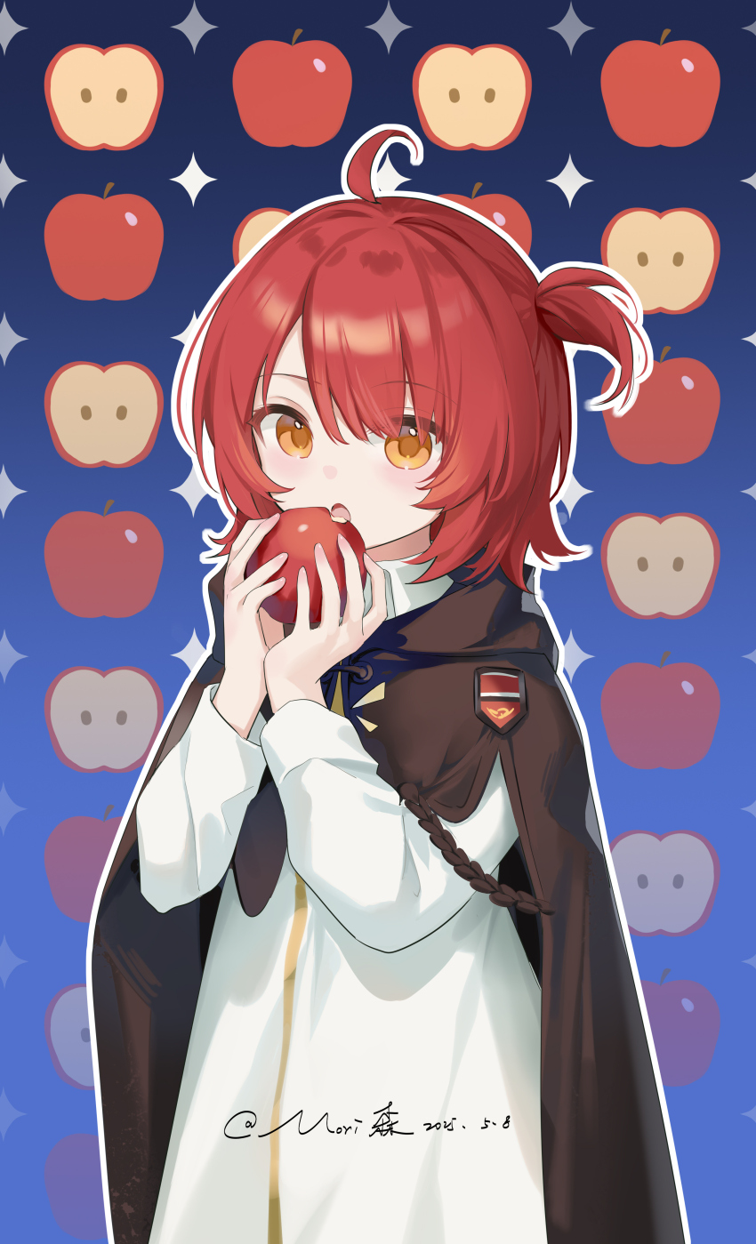 1girl, absurdres, ahoge, apple, arknights, black_cape, blue_background, cape