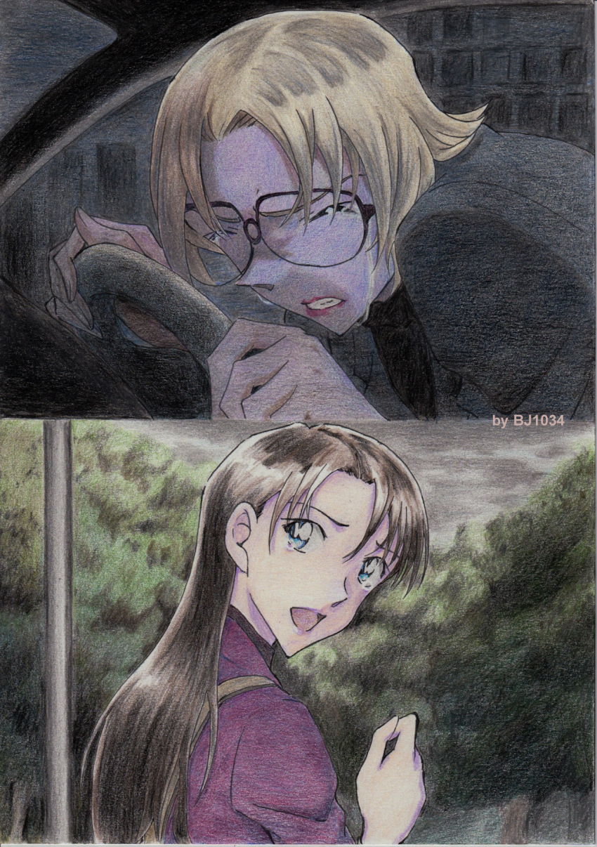2girls, artist_name, bj1034_(tosashi), black-framed_eyewear, black_hair, blonde_hair, blue_eyes, car_interior