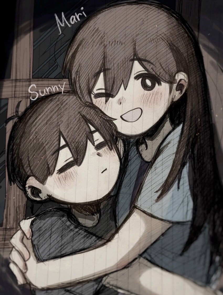 1boy, 1girl, antenna_hair, black_eyes, black_hair, black_shirt, blue_shirt, blush